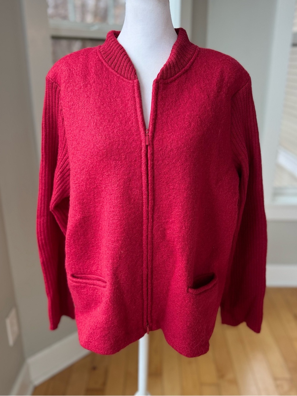 Vintage Christopher & Banks Red Boiled Wool Zip-Front Cardigan Sweater Jacket XL - Picture 9 of 9